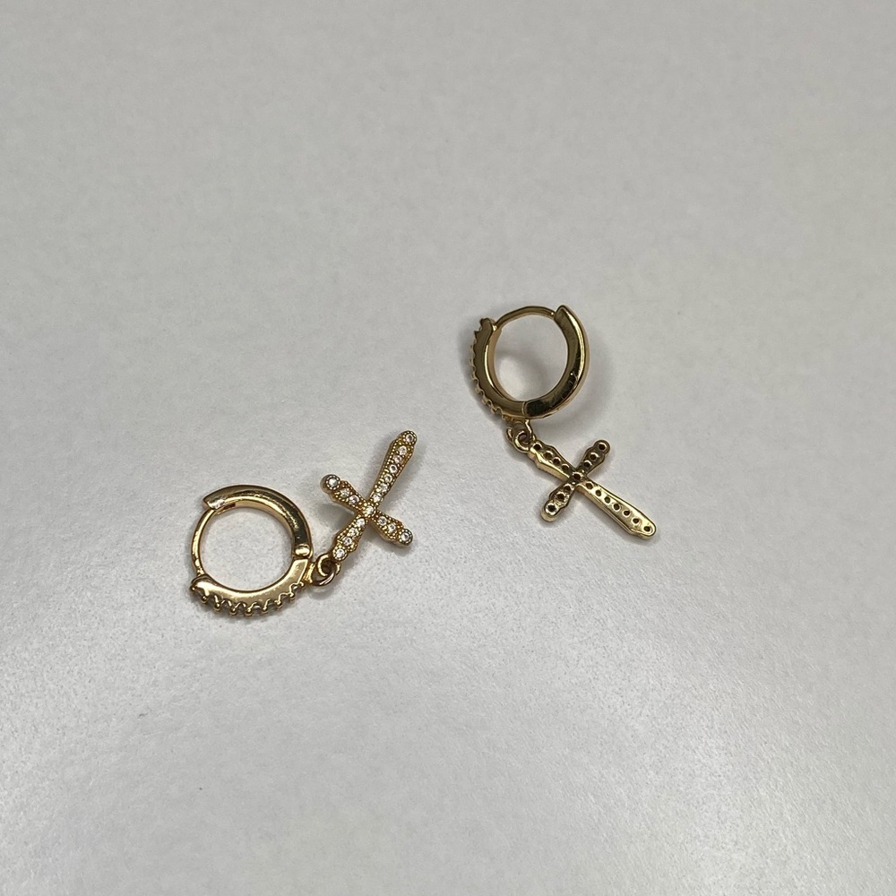 Gold cross diamond hoop dangle earrings